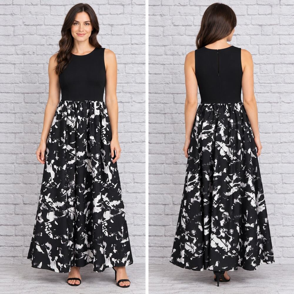 Aidan Mattox Jersey & Print Satin Ballgown Black White Abstract Size 4 A-Line